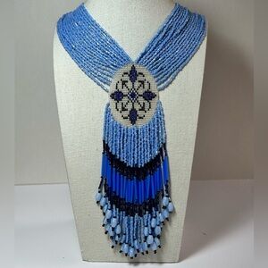 Native Vintage Glass Seed Bead Loom Signed Necklace Bugle Fringe Handcrafted